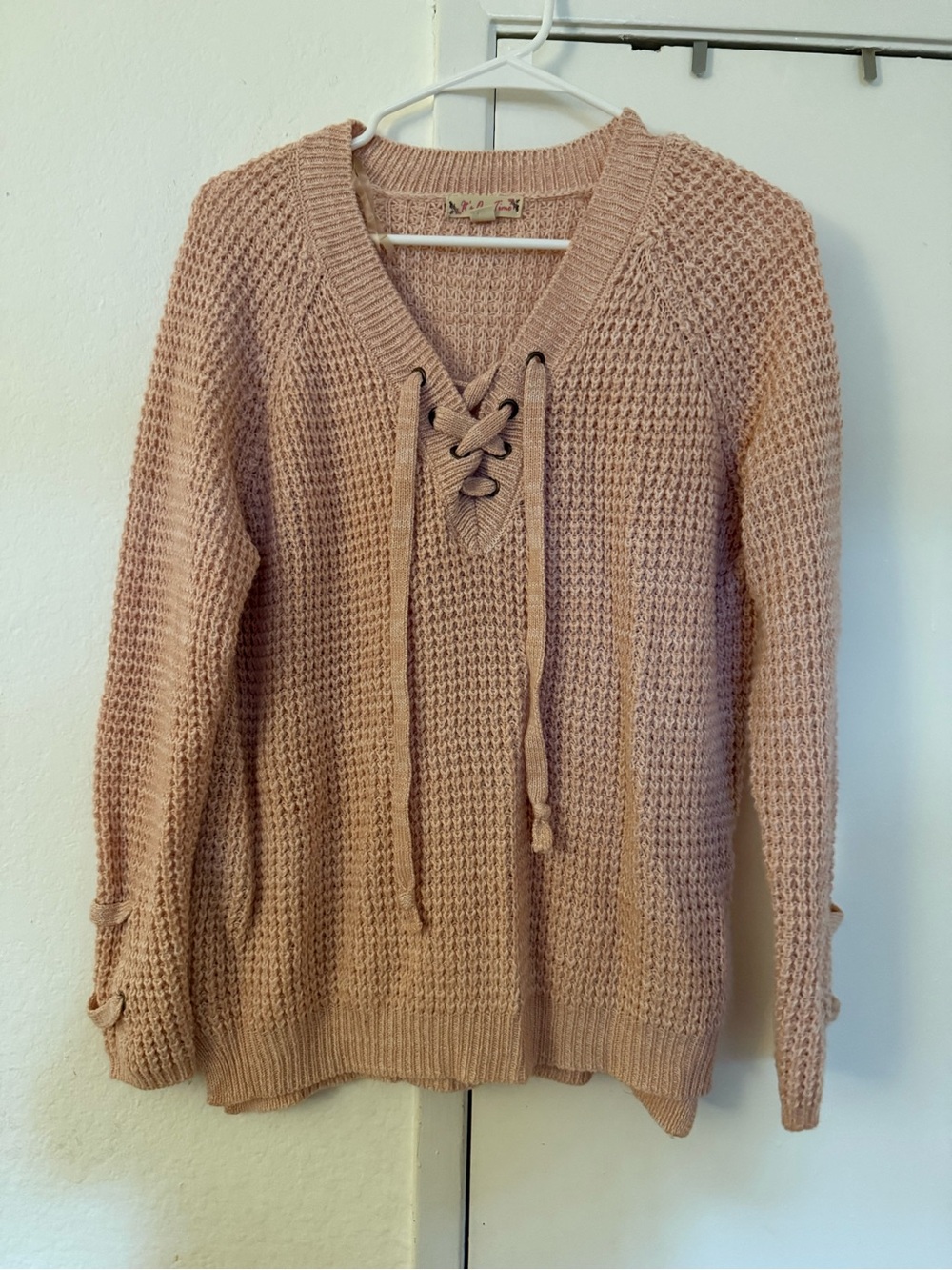 It's Our Time Lace-Up V-Neck Knit Sweater in Blush Pink